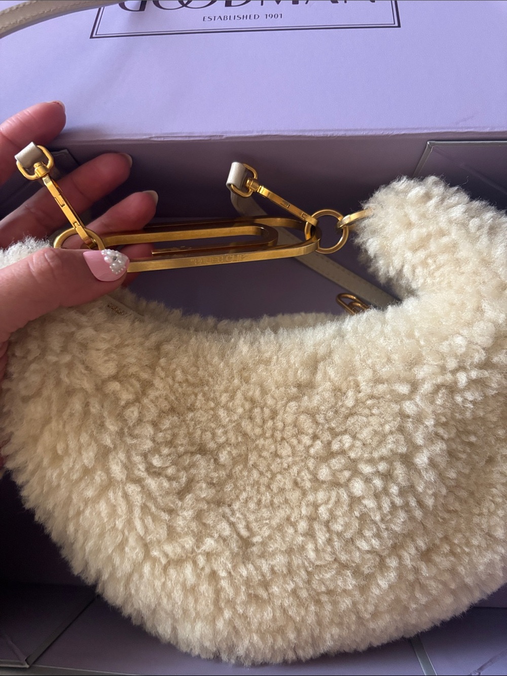 Off-White “Paperclip” Cream Shearling Shoulder Bag with Gold Hardware
